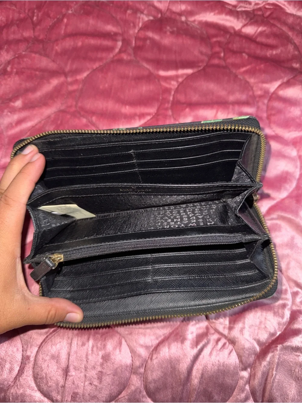 kate spade Black Floral Hummingbird Zip Wallet with Green and Pink Accents